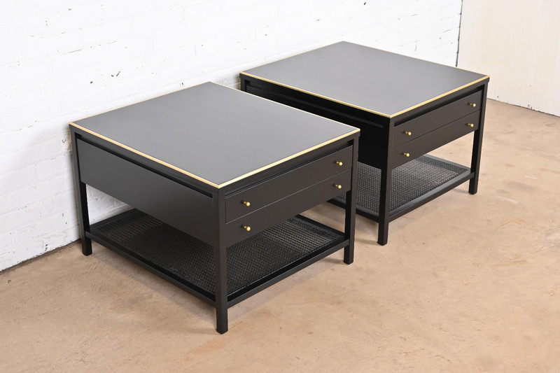 Paul McCobb Irwin Collection Black Lacquer and Brass End Tables or Nightstands gallery