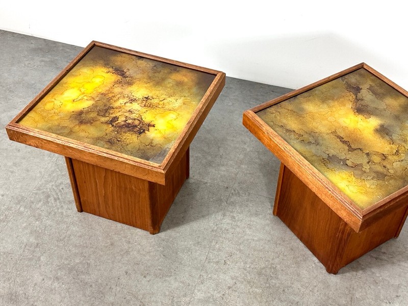 Vintage Mid Century Modern Walnut Glass Pedestal Side End Tables John Keal gallery