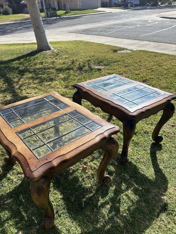 Antique French Style Glass Top Side Tables, Brown Wood, Carved Legs, 28x22x20 gallery