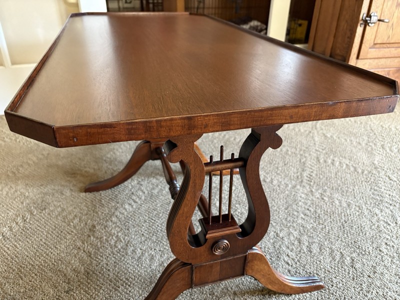 Antique English Regency Mahogany Wood Lyre Harp Base Coffee Table gallery