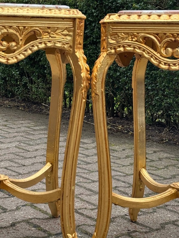 Side Tables French Louis XVI Gold Beech Pink Marble 1970 Occasional Pair 2 Pcs gallery