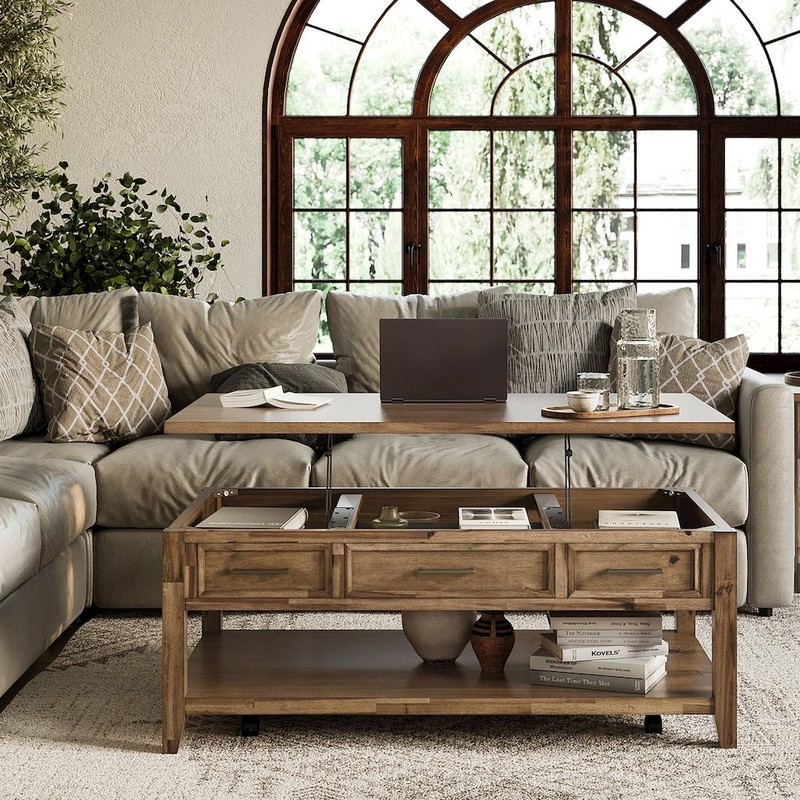 Claremont Transitional Rustic Wood Lift-Top Coffee Table with Wheels gallery