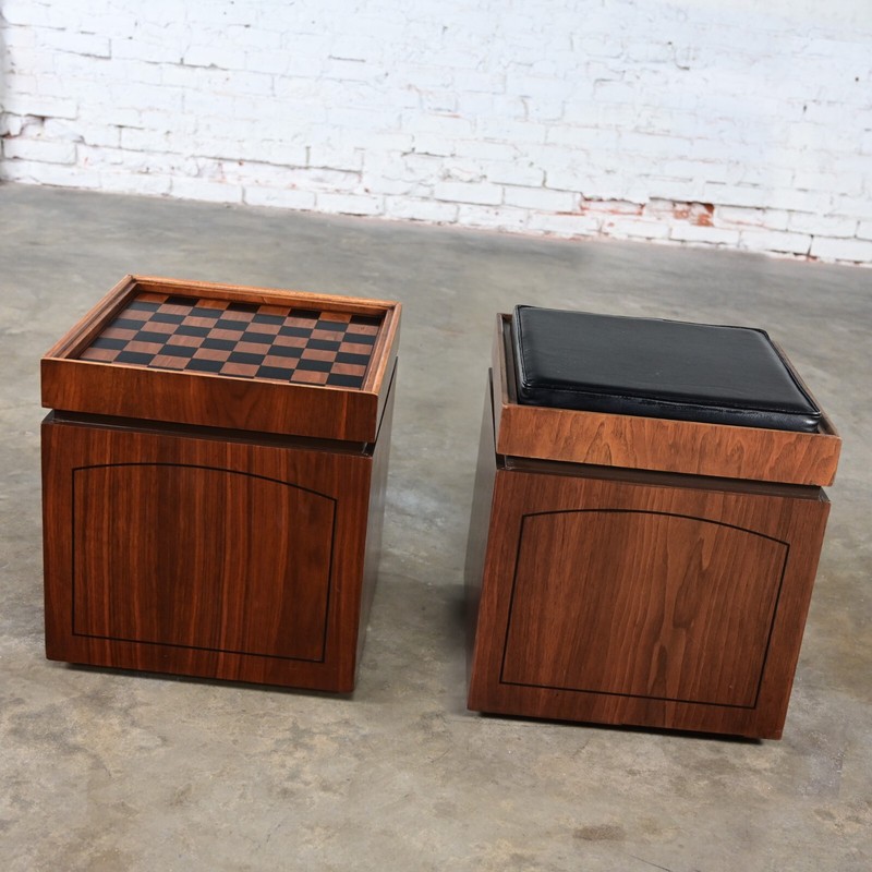 Pr Lane Rolling Cube Storage Ottoman End Tables Game Board Black Vinyl Flip Top