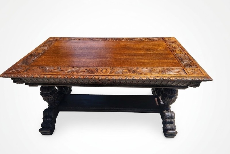 Antique George C Flint Co Library Table Renaissance Revival Carved Oak Man Heads gallery