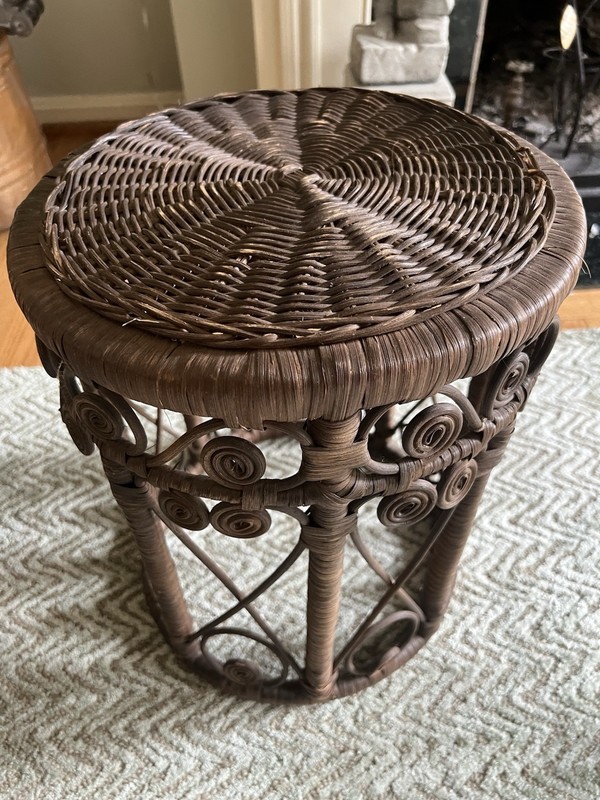 Vintage Wicker Rattan Plant Stand Boho Scroll Side Table Round 11” X 16” gallery