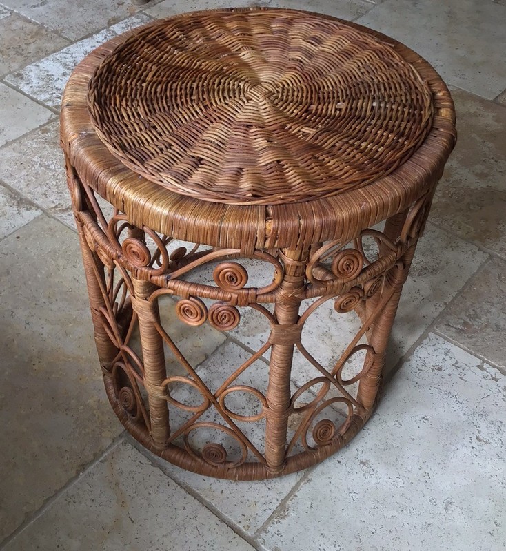 Vtg Rattan Round Stool or End Table or Plant Stand Boho, Scroll Filigree Details gallery