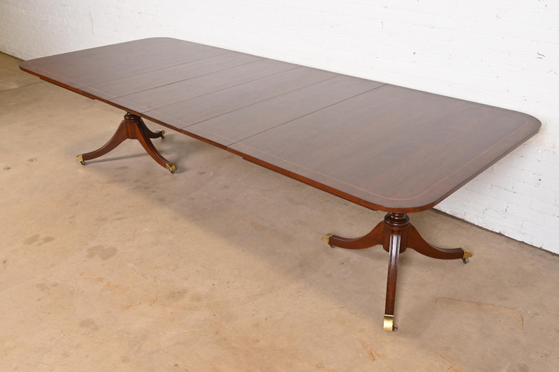 Kindel Furniture Georgian Banded Mahogany Double Pedestal Extension Dining Table
