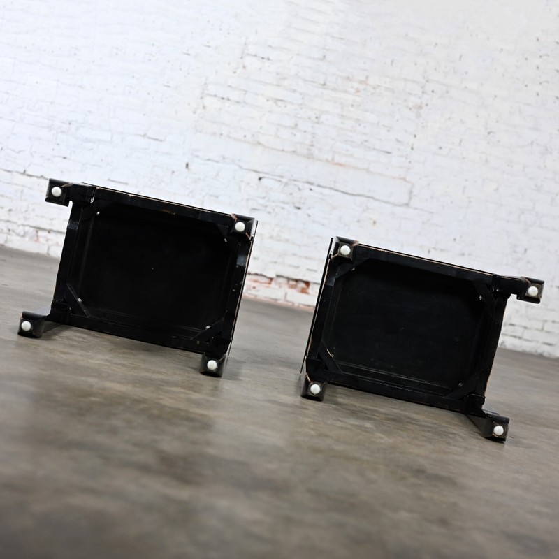 Distressed Chinoiserie Pair Black Lacquered End or Side Tables Ming Style Feet gallery