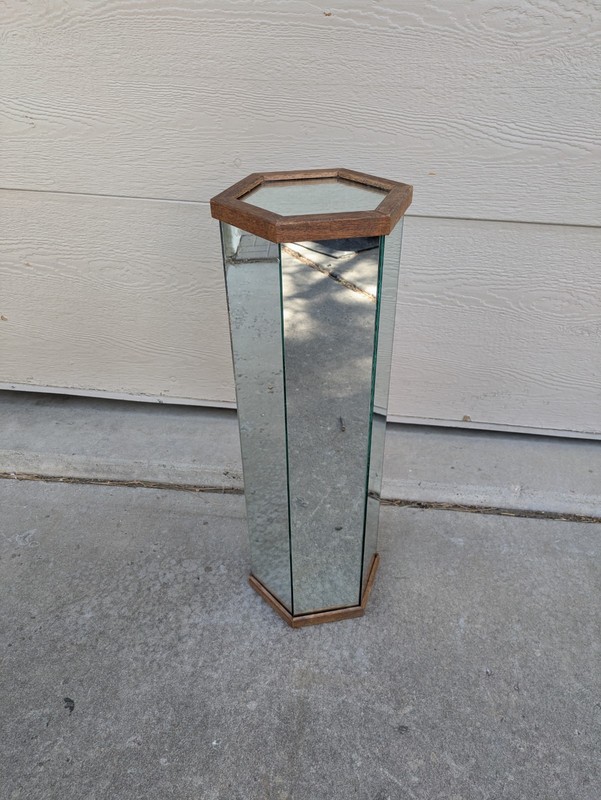 Vintage 31" Mid Century Modern Mirrored Hexagon Pedestal Plant Stand Table Wood gallery