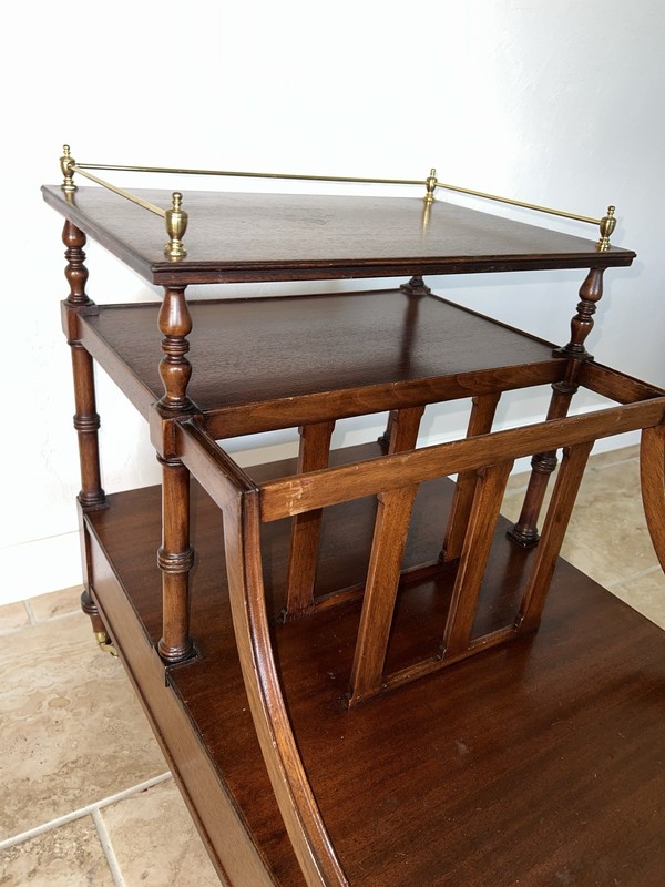 Mid-Century John Scalia Mahogany Canterbury Magazine Rack & Caster Wheels gallery