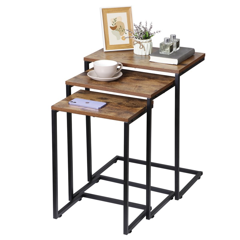 Nesting Table Set of 3 End Coffee Table for Living Room with Metal Frame Wooden gallery