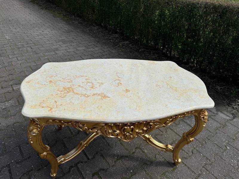 Table Louis XVI Gold Leaf Marble Coffee Table French 1940s Vintage gallery