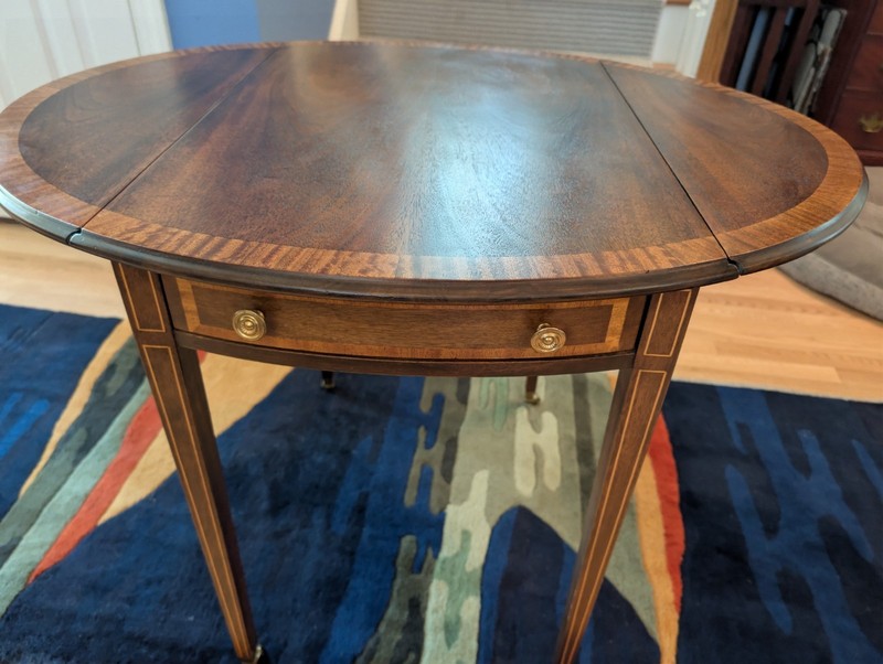 Hepplewhite Pembroke Mahogany Side Table with Satinwood Inlay & Brass Casters gallery