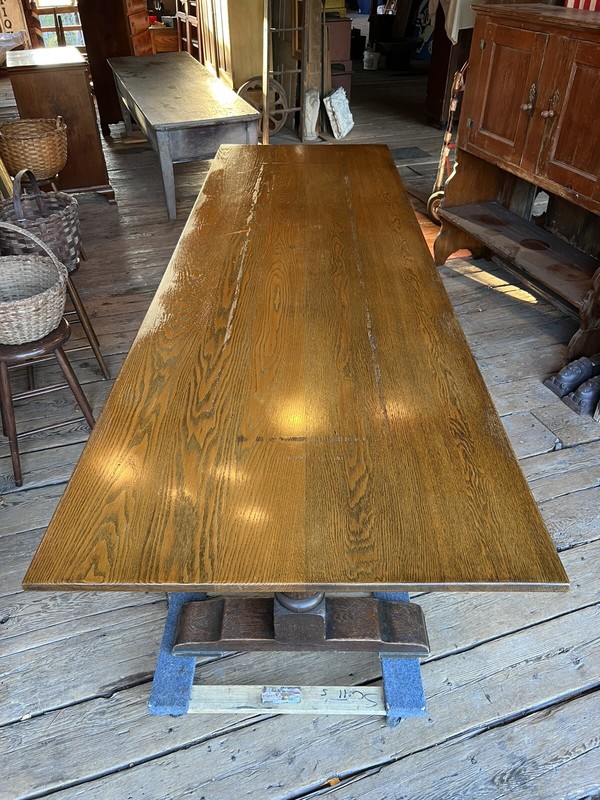 c1900 massive oak Trestle style table gorgeous patina 10’ l X 38.25” w x 29.5”h gallery