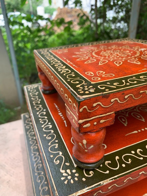 Pooja Stool Chowki Traditional Handcrafted Wooden Painted Bajot Indian Art Work gallery