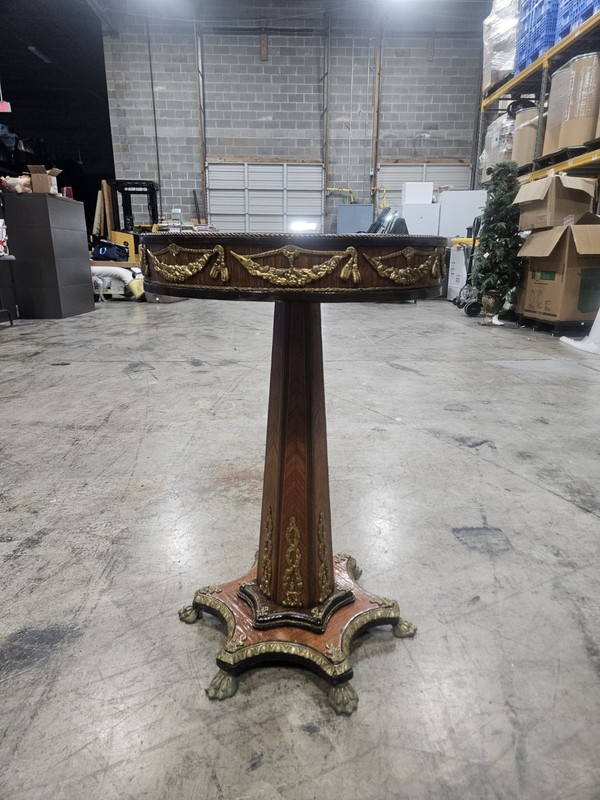 Vintage Round French Burr Walnut & Gilt Brass Occasional Table 30"H × 20" Round gallery