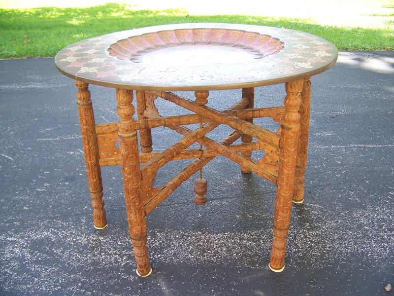 Antique Moorish or Indian Folding Round Copper & Wood Etched Tray Side Table gallery