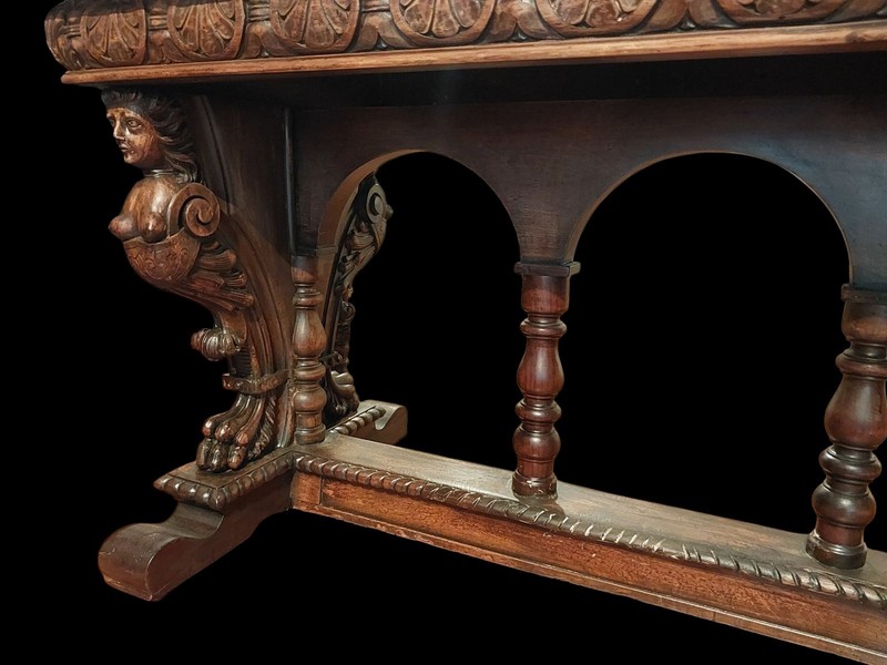 ANTIQUE EAGLE & NAKED WOMAN SUPERB RENAISSANCE CARVED FIGURAL LIBRARY TABLE gallery
