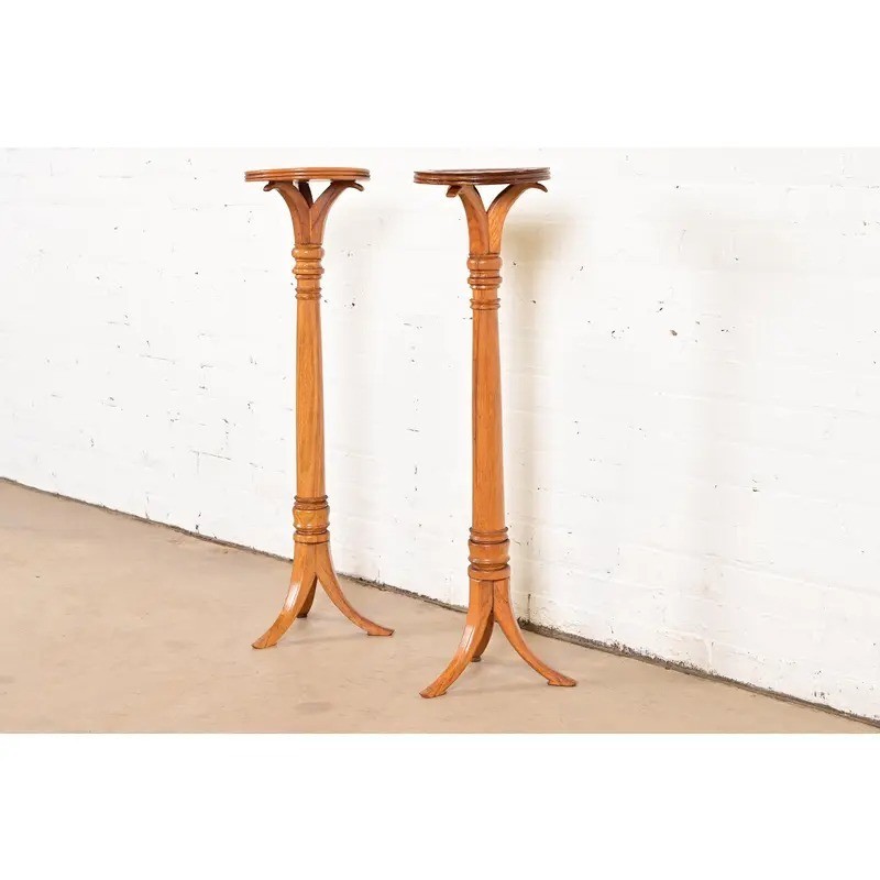 Regency Oak Torchieres or Pedestal Plant Stands, Circa 1940s gallery