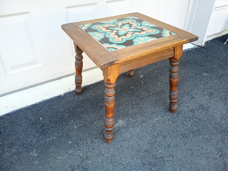 Vintage 40s Mexican tile top wood table 17.5 x 17 x 17" gallery