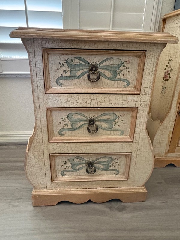 2 hand painted end tables & 1 telephone table cream with hand painted-pin blue