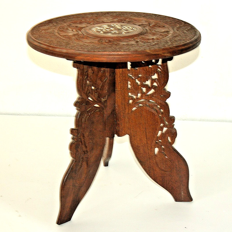 Rare Vintage India Hand Carved Wood Foldable Table with Ornate Inlay Dia. 38cm