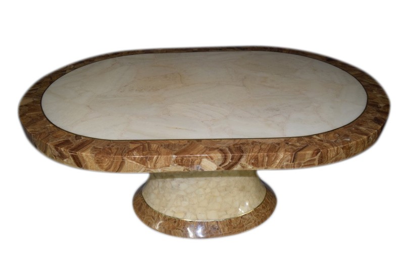 MONUMENTAL MOSAIC ONYX RACETRACK DINING TABLE WITH ILLUMINATED PEDASTAL BASE gallery