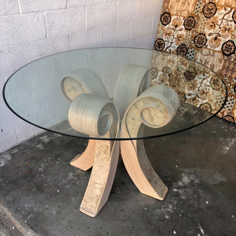 Vintage Coastal Twisted Pretzel Rattan Dining Table in the Betty Cobonpue Style. gallery