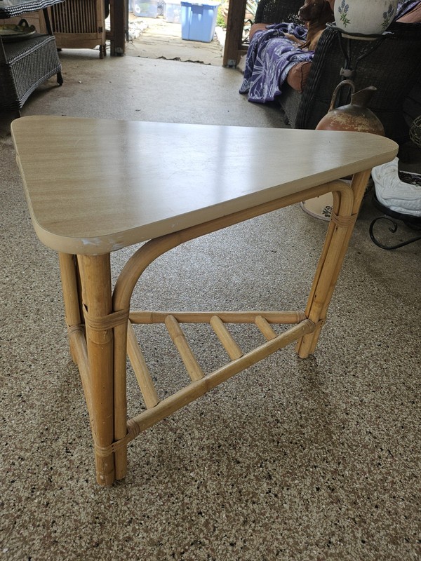 VTG CAL-ASIA Mid Century Tiki Beachy Bamboo BOHO Formica Triangle Accent Table gallery