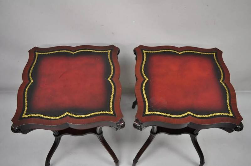 Vintage French Regency Style Red Leather Top Mahogany Lamp End Tables - a Pair gallery