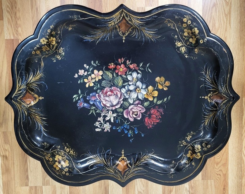 Vintage 20th C ENGLISH Regency Style BAMBOO Base PAPIER MACHE TRAY Coffee TABLE gallery