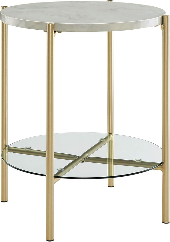 Mid Century Modern Marble & Glass Round Accent Table – 20″ Gold Finish