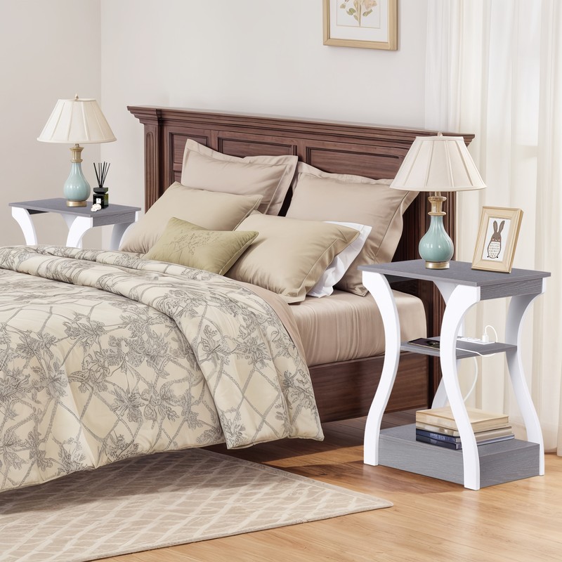 2 PCS End Table Side Table w/ Charging Station Nightstand Living Room Furniture gallery
