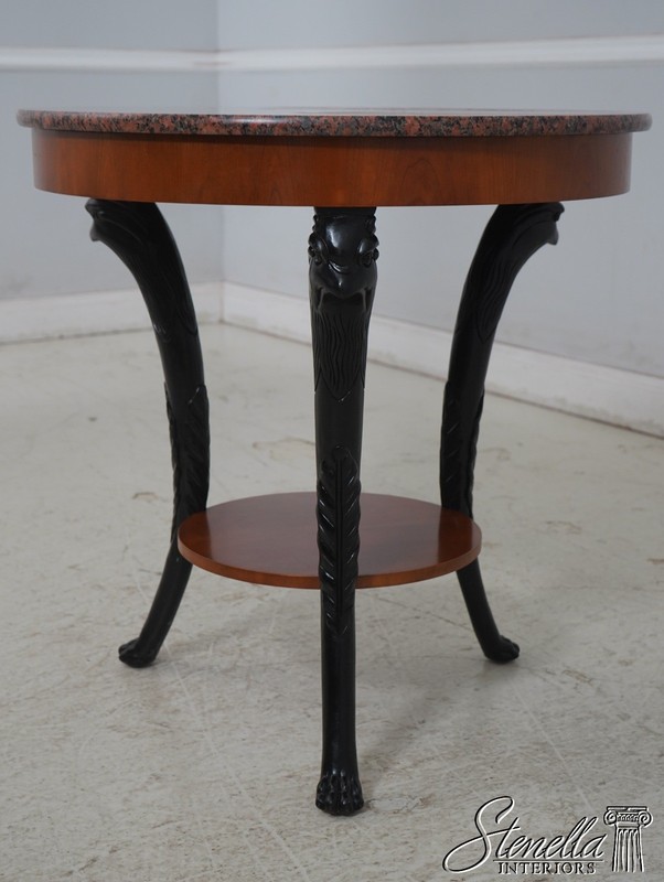 L68397: BAKER Carved Round Walnut Marble/Granite Top Lamp Table gallery