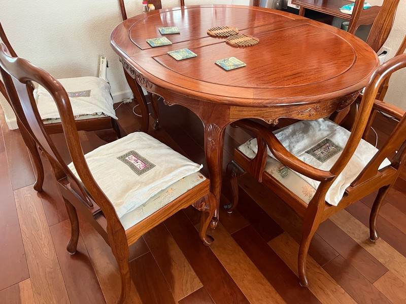 solid wood dining table (with extensions) and 5 chairs gallery