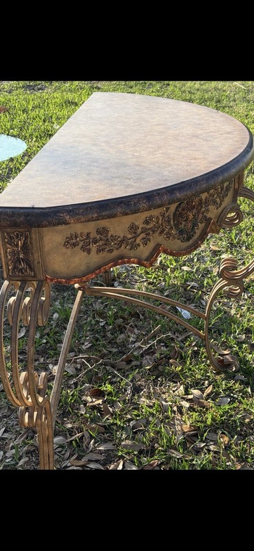 Victorian Antique Half Moon Accent Table Wood Top, Ornate Metal Legs, Carvings gallery