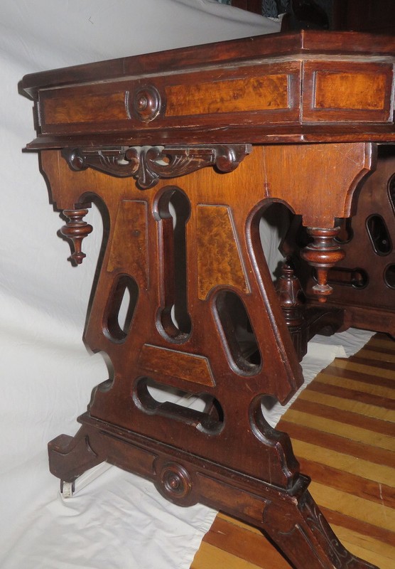 Victorian Renaissance Revival Library Desk Table - Burl Wood, Drawer w/Lock gallery