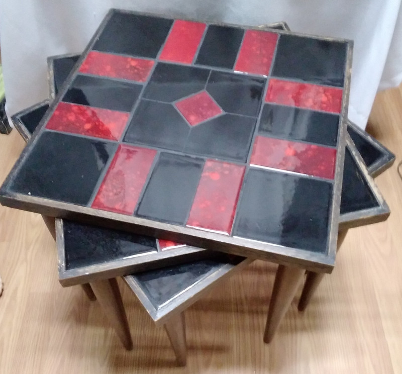 Mid Century MCM Stacking Red & Black Mosaic Tiled Occasional Tables /Walnut Wood