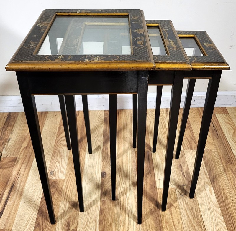 Set of 3 Vintage 20th C ENGLISH REGENCY Style CHINOISERIE Stack NESTING TABLES gallery