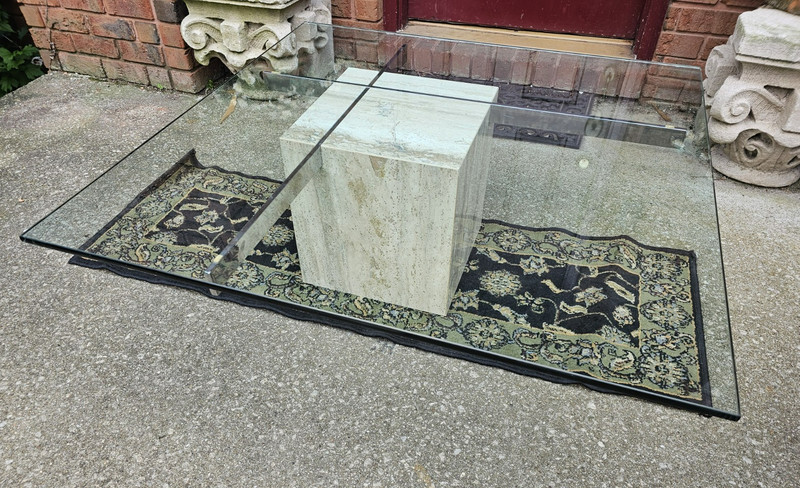 VINTAGE MID-CENTURY MODERN COFFEE TABLE TRAVERTINE STONE & CHROME WITH GLASS TOP