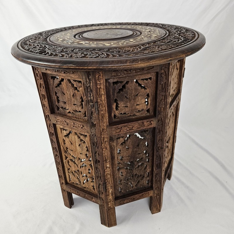 Vintage MCM Carved Octagon Folding Teak Wood Table Plant Stand Moroccan Boho gallery