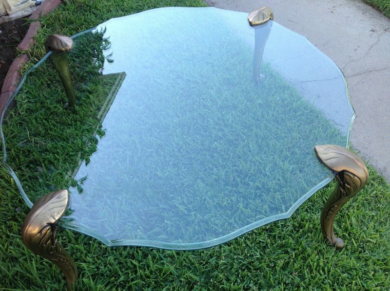 Vintage 60's Glass Table Top With 4 Brass Legs Coffee Table 41" Diameter gallery