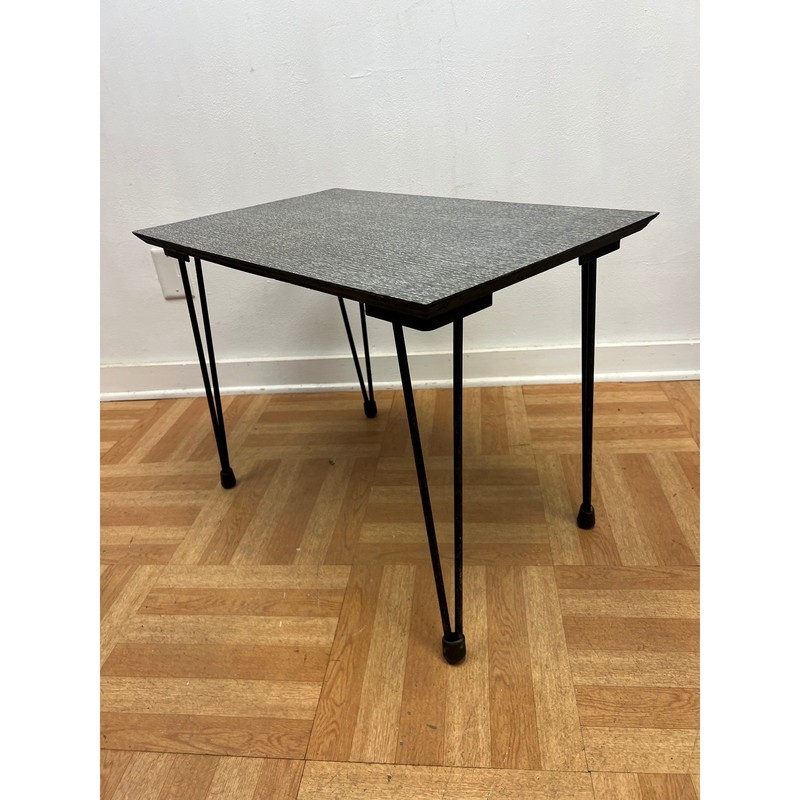 Vintage 1950s Mid Century Modern Hairpin Leg Side Table Gray Black Laminate Top gallery
