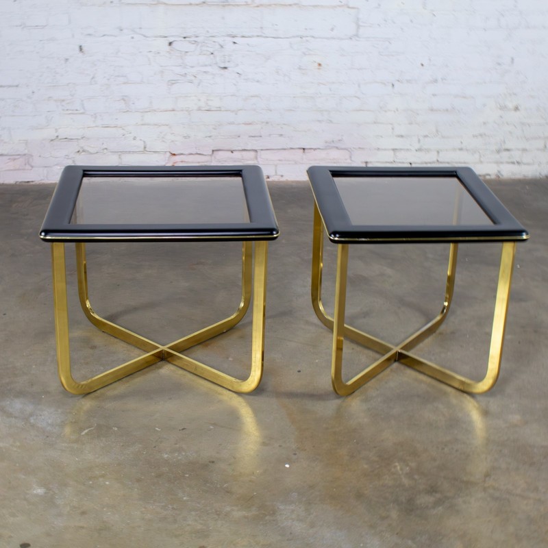 Modern End Side Tables 1 Rectangle 1 Square Glass Inset Tops & Brass Plate Bases gallery