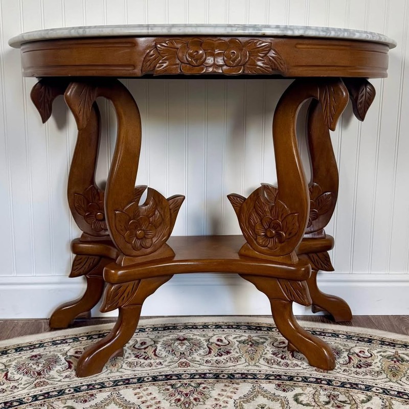 Hand-Carved Swan Console Table with Italian Marble Top gallery
