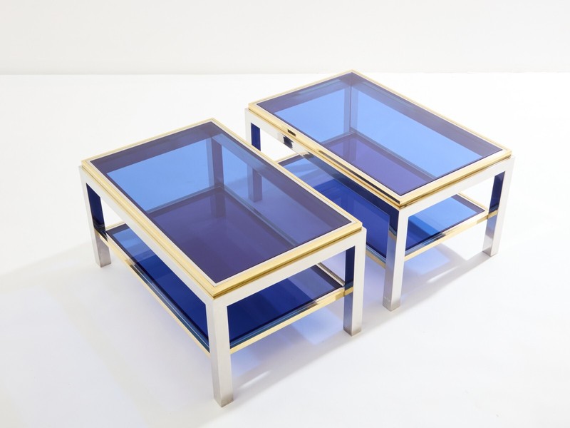 Pair of Two-Tier brass chrome side tables Willy Rizzo Flaminia 1970s gallery