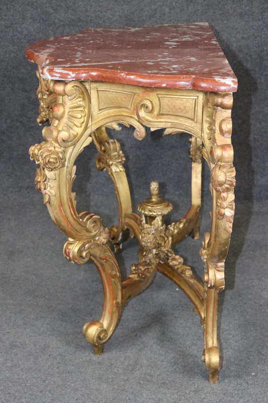 19th Century French Rococo Carved Giltwood Marble Top Console Table gallery