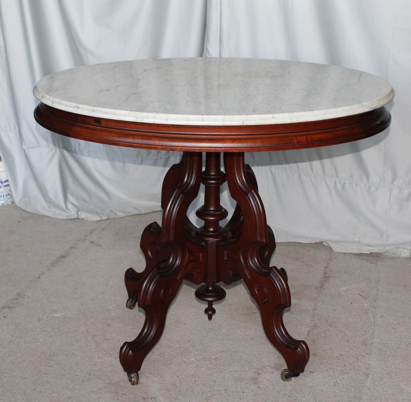 Antique Victorian Oval shaped Marble Top Walnut Parlor Table