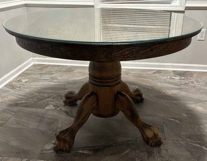Antique Round Oak Table - Lion's Claw Feet Legs Expandable - Damaged - gallery