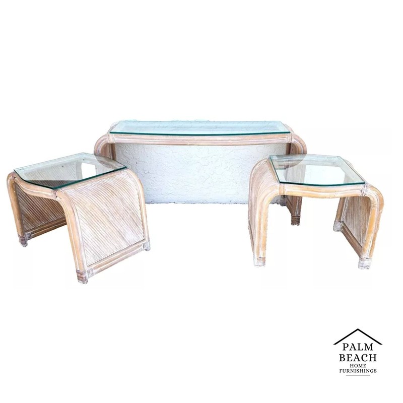 Set of Blonde Bamboo Waterfall Side Console Tables